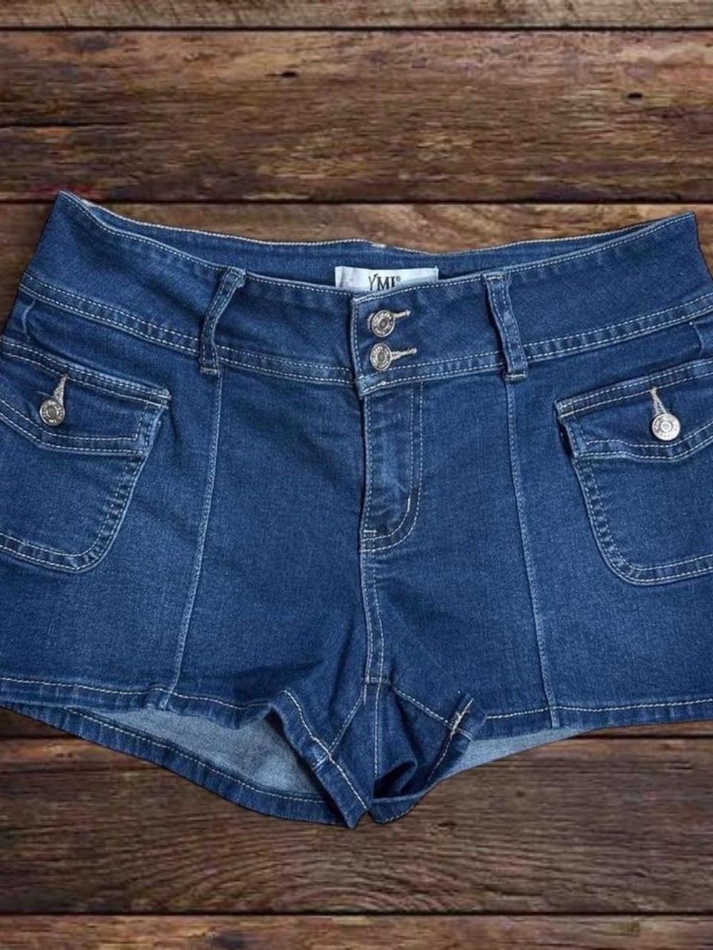 YMI Women's Dark Blue Denim Shortie Jean Shorts with Double Button